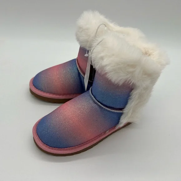 NWT K KomForme Kid's Boots Warm Fur Lined With Ribbon Pink blue shimmer Winter - Picture 4 of 6